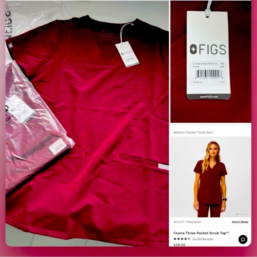 Figs Casma Burgandy Short Sleeve 3pocket Technical Edition scrub top